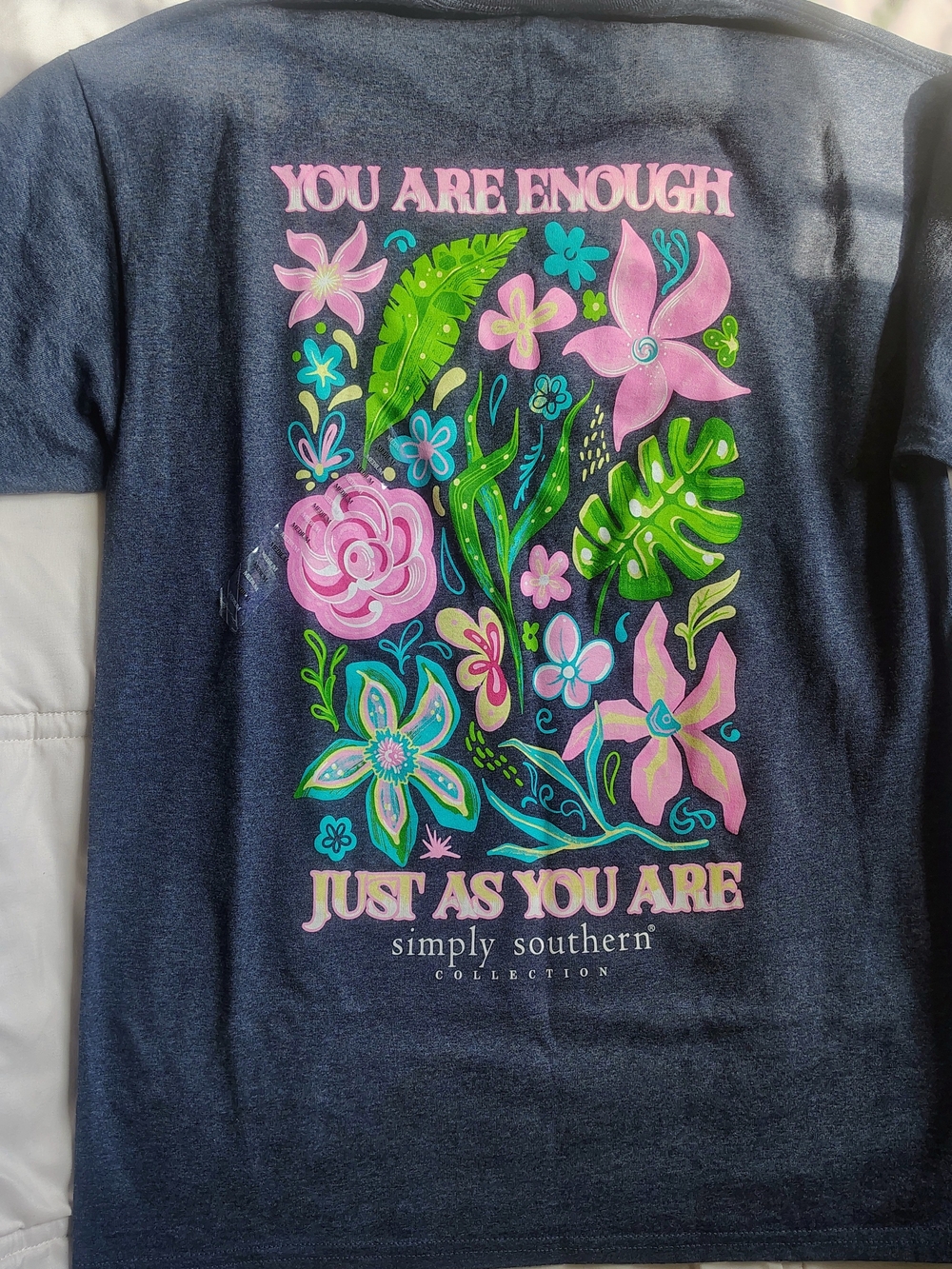 Simply Southern Navy Short Sleeve Tee with Pink & Green Floral Graphic